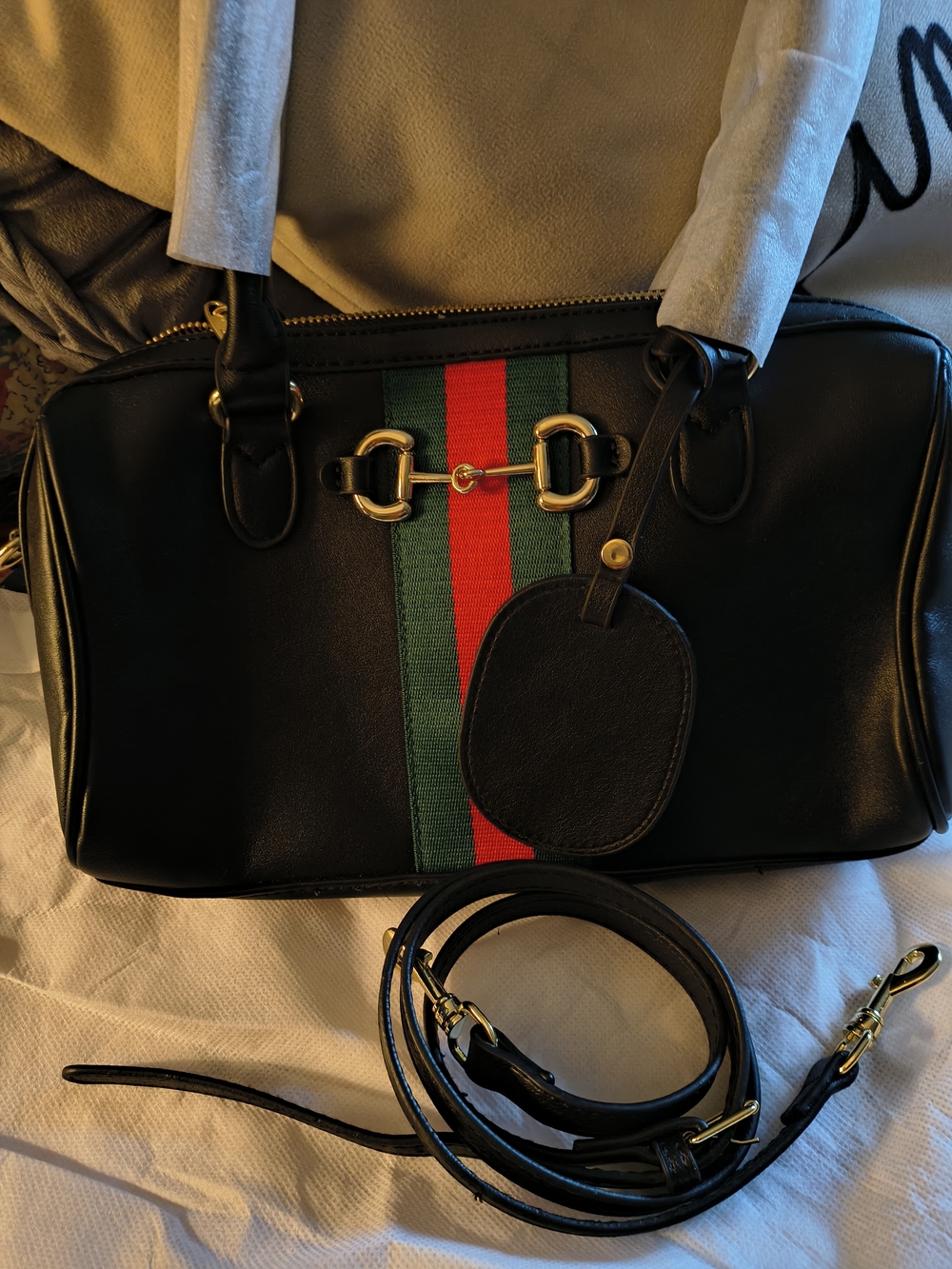 Black Women's Satchel with Green and Red Stripe and Gold Hardware